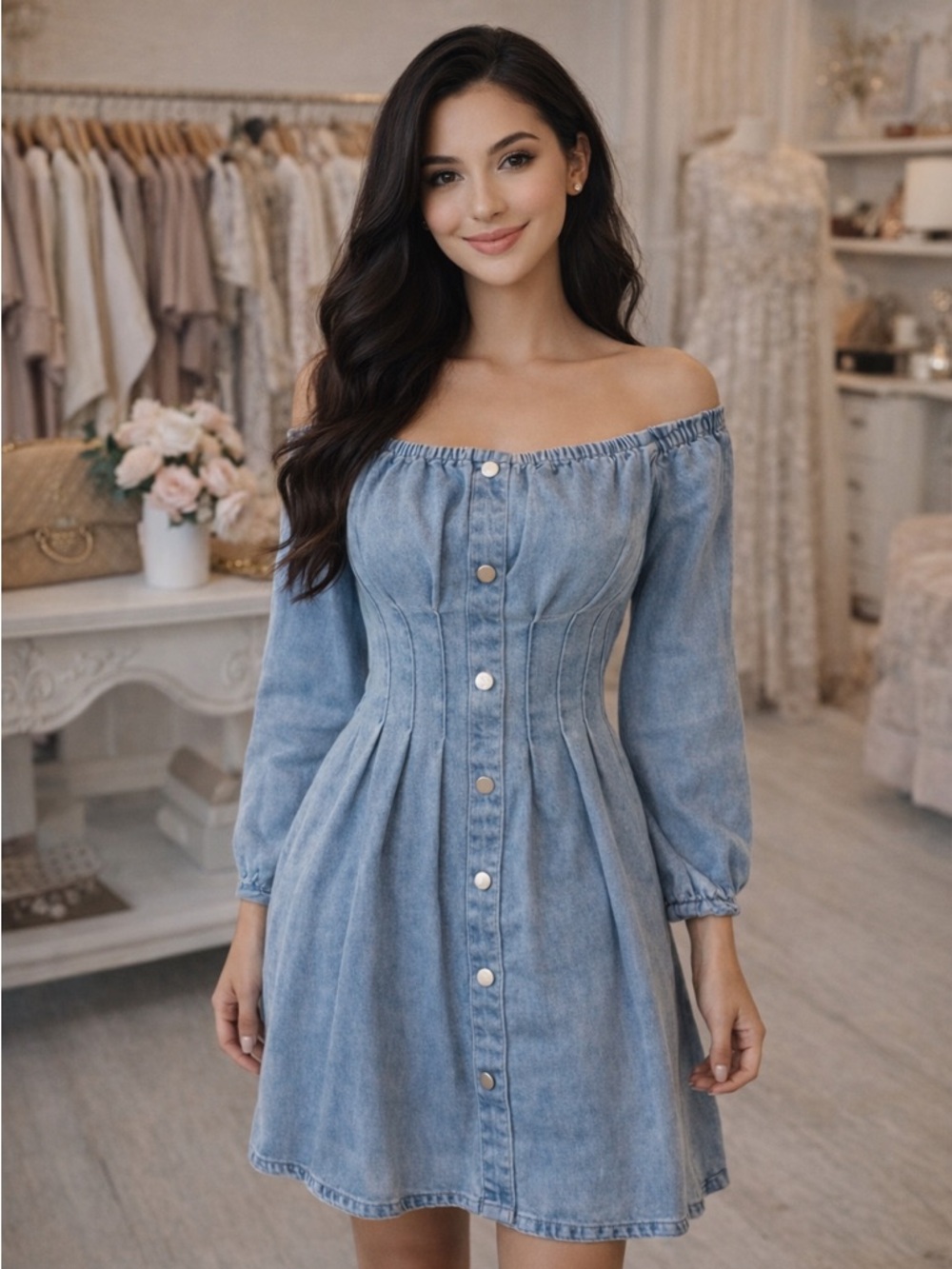 VENUS Light Wash Denim Off-Shoulder Button Front Mini Dress Size 2 Corset Waist